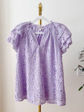 Nanette Lepore Lavender Lace Flutter Sleeve Top | V-Neck | Size L